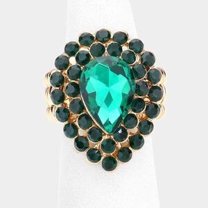 Crystal Green Teardrop Centered Bubble Cluster Stretch Ring